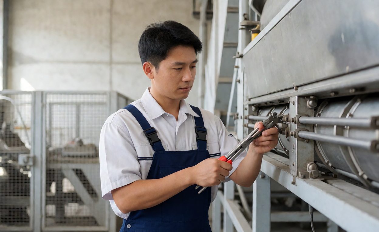 Maintenance technician replacing a worn component on a sorter module