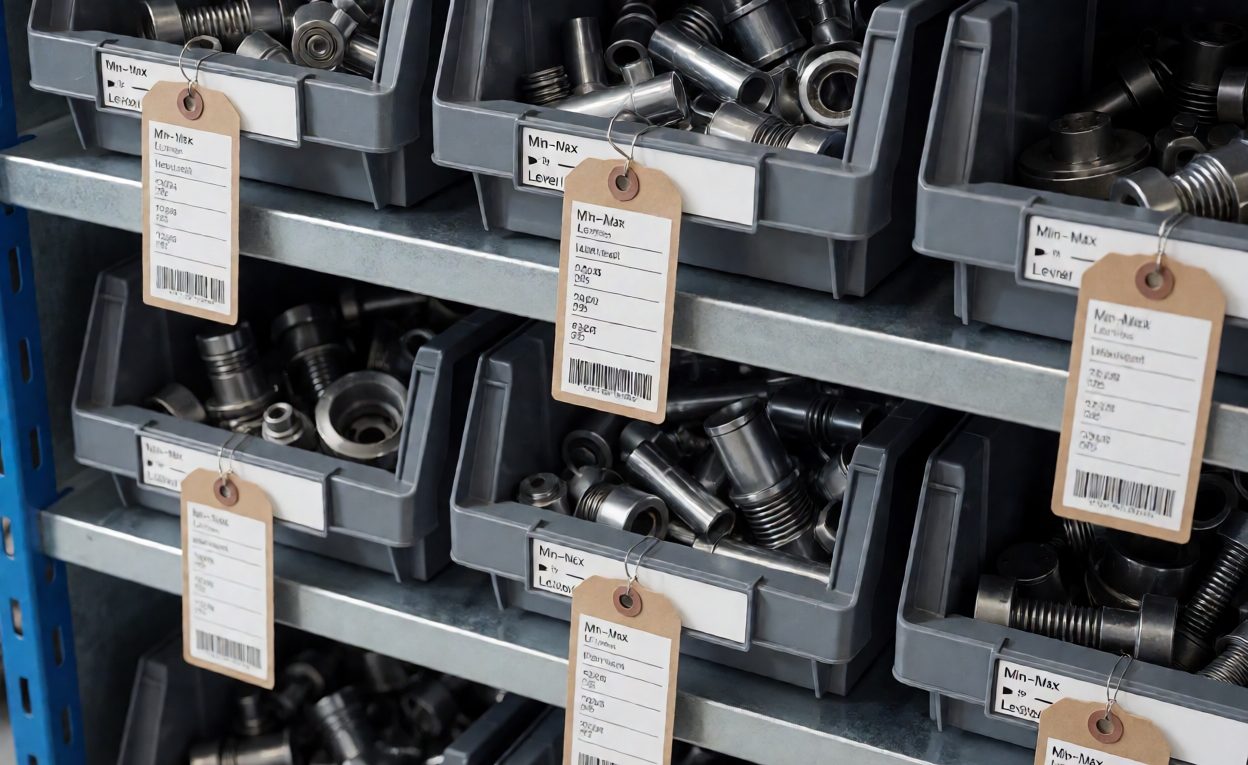 Min-Max Levels On Spares Bins Storeroom shelf with min-max level markers and tags on component bins