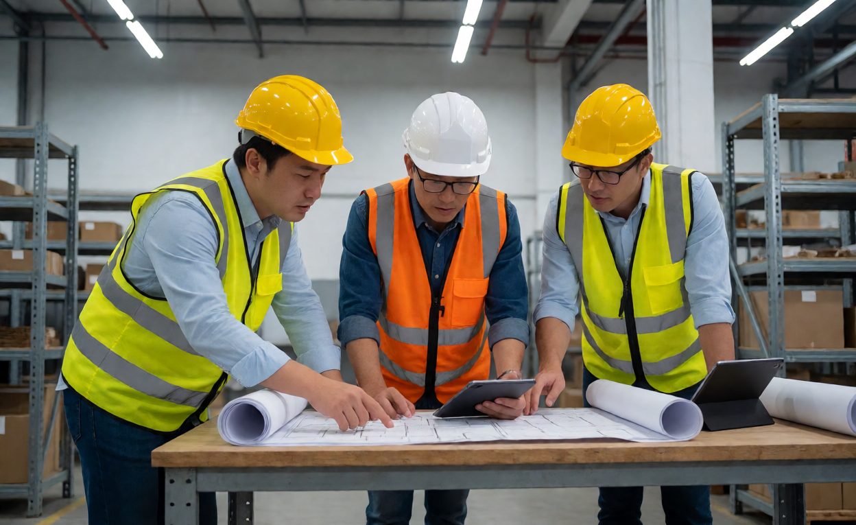 Reviewing The Selection Decision Engineering team reviewing sorter layout drawings on a table