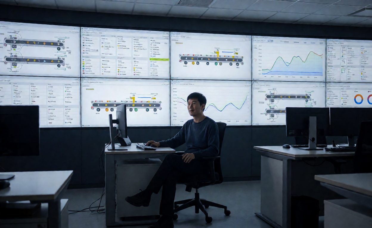 Control room showing sorting line schematics and throughput graphs