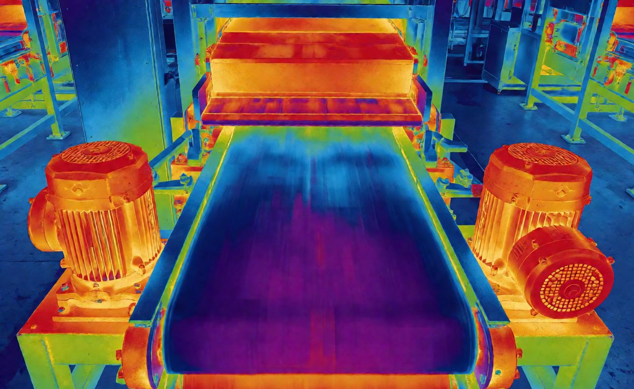 False-color thermal image of a sorter line showing warm drive motors