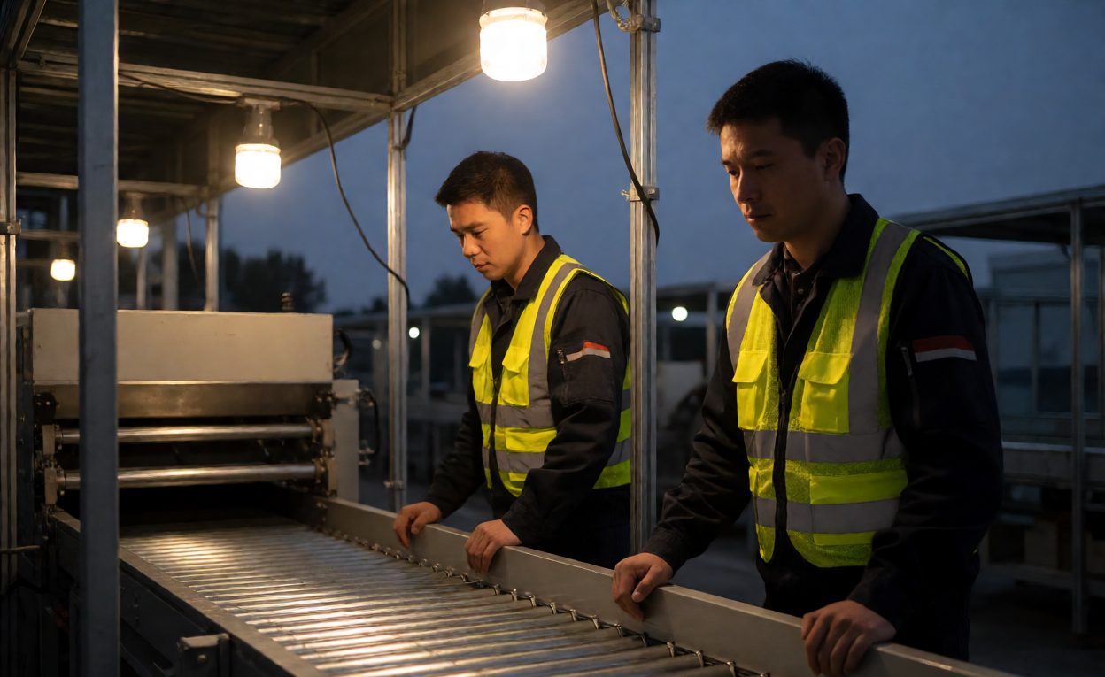 First Power-On And Empty Runs Engineers running empty test parcels along a newly installed sorter