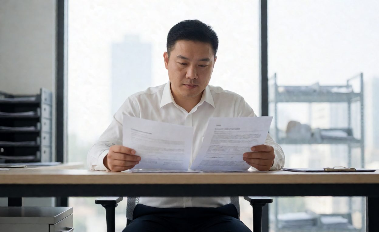 Operations manager comparing two service contract documents at a desk