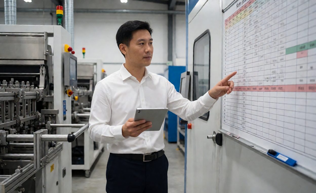 Maintenance Planning Board Supervisor reviewing maintenance schedule in a workshop beside sorter parts