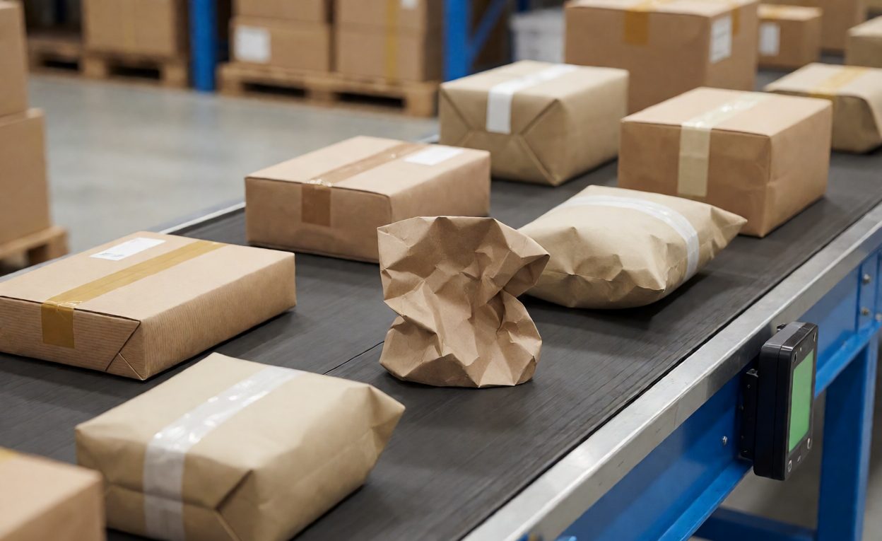 Varied parcels on a conveyor approaching a scan point, one crumpled and unlabelled
