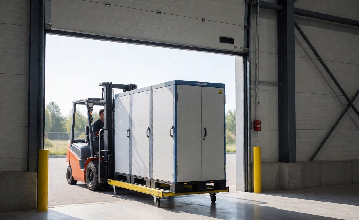 Access Route For Sorter Module Delivery Delivery of sorter modules through a roller door with a forklift waiting