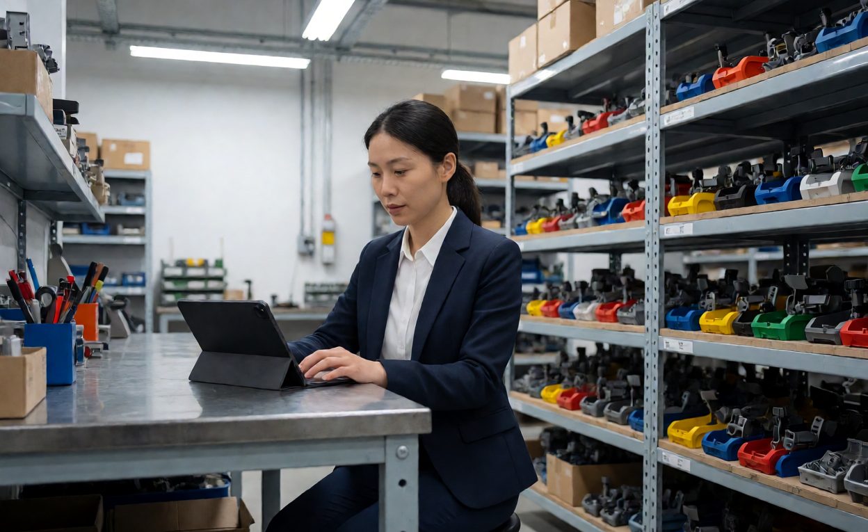 Recording Spares Consumption Storeroom coordinator updating consumption records on a tablet